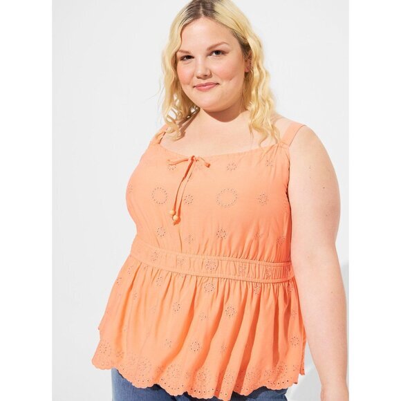 TORRID Eyelet Tie Front Tank Women SZ 1X Papaya Punch Coral V-Neck Scallop Beach - Picture 2 of 9